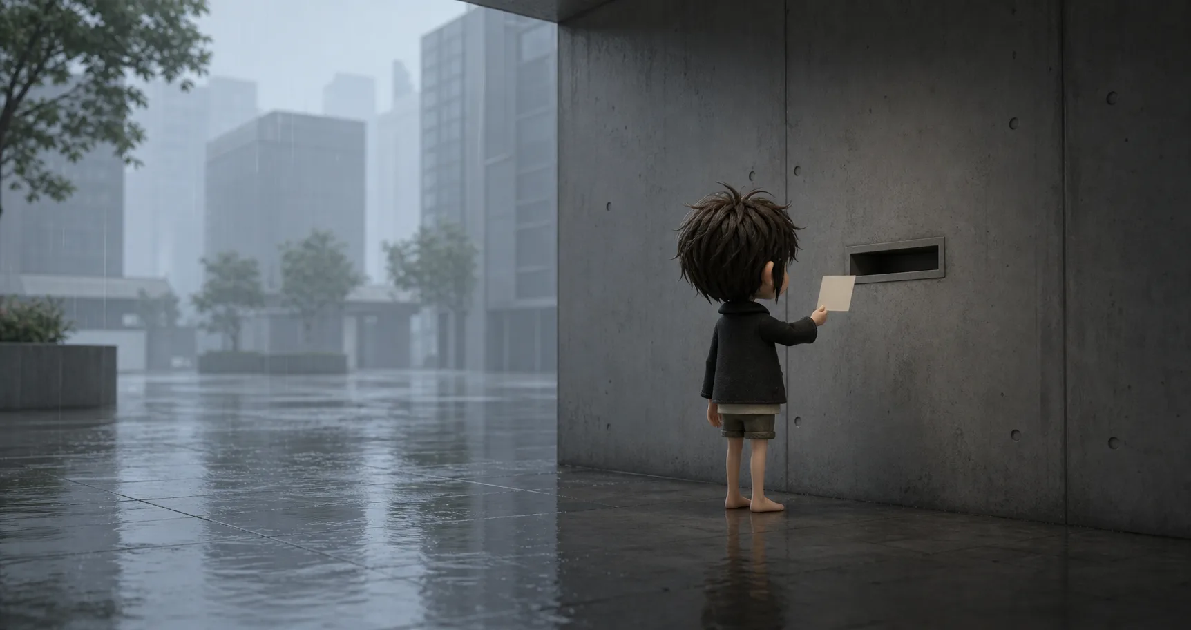 雨中的水泥灰城市廊下,黑发男孩手持空白卡片站在墙面留言槽前