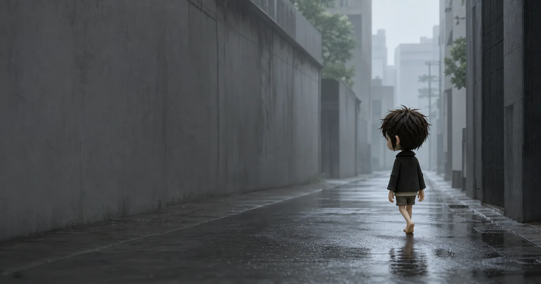 雾雨中的水泥灰都市巷道里，一个黑色蓬松短发、穿黑外套和橄榄绿短裤的赤脚男孩独自向前走